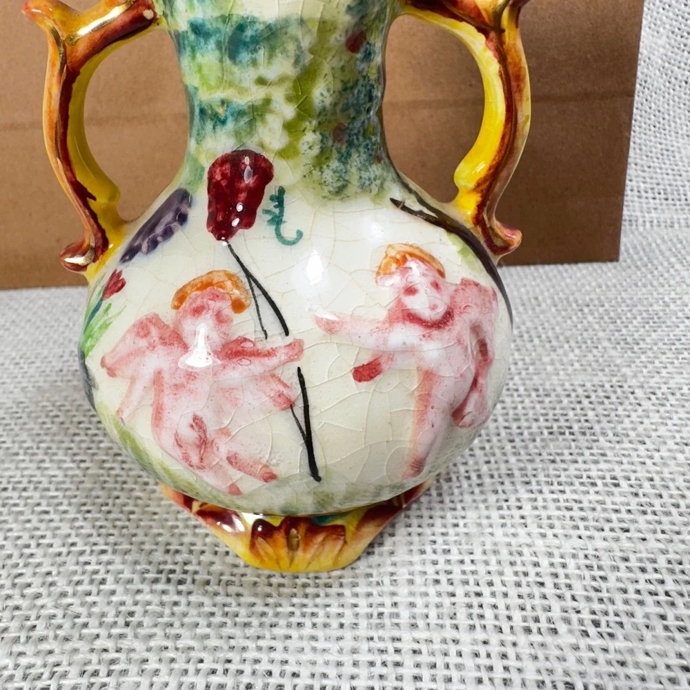 Vintage Japan Cherub Vase Crackle Glaze Double Handle Putti‎ Cottage Decor 4.5